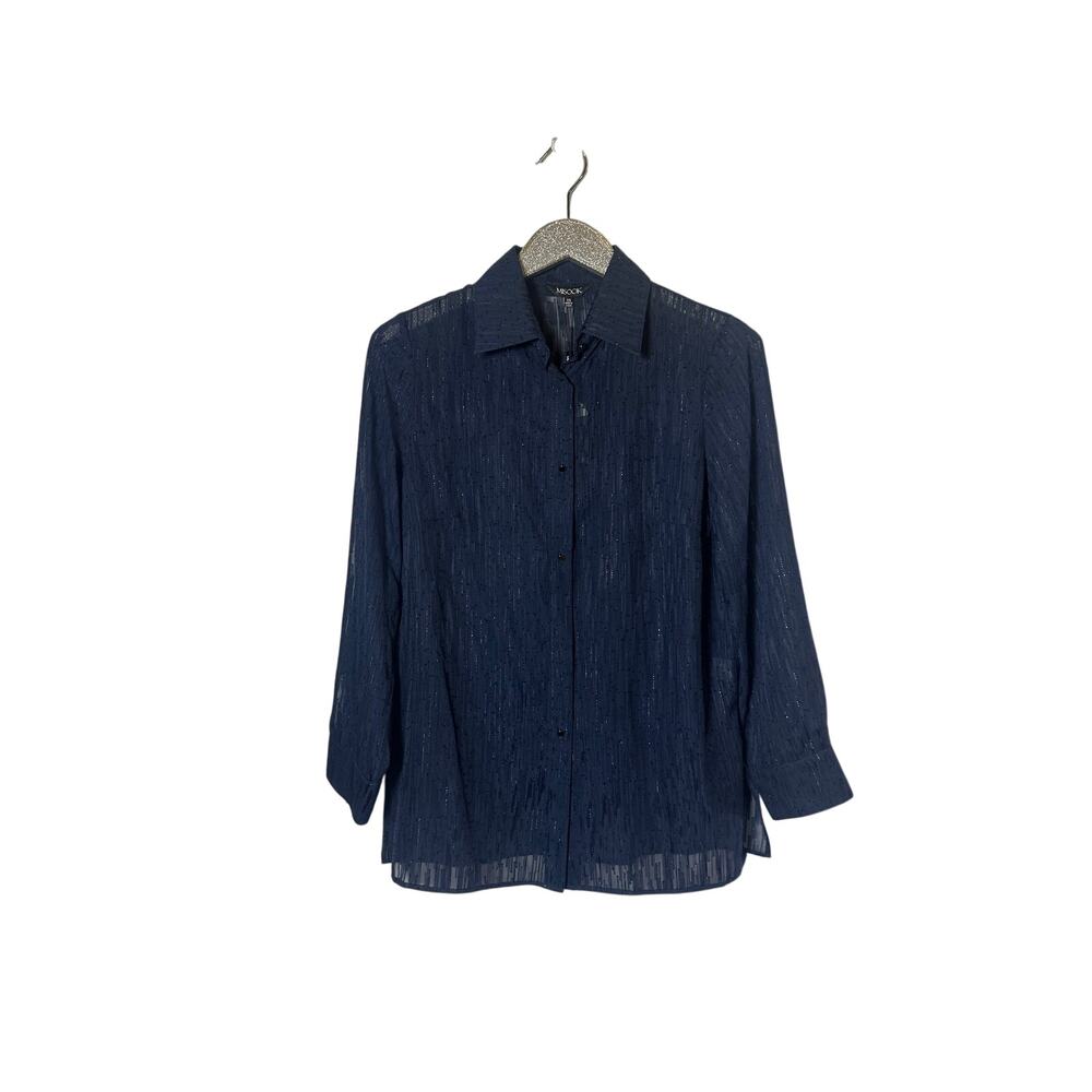 Misook Indigo Blue Semi Sheer Button Front Blouse NEW